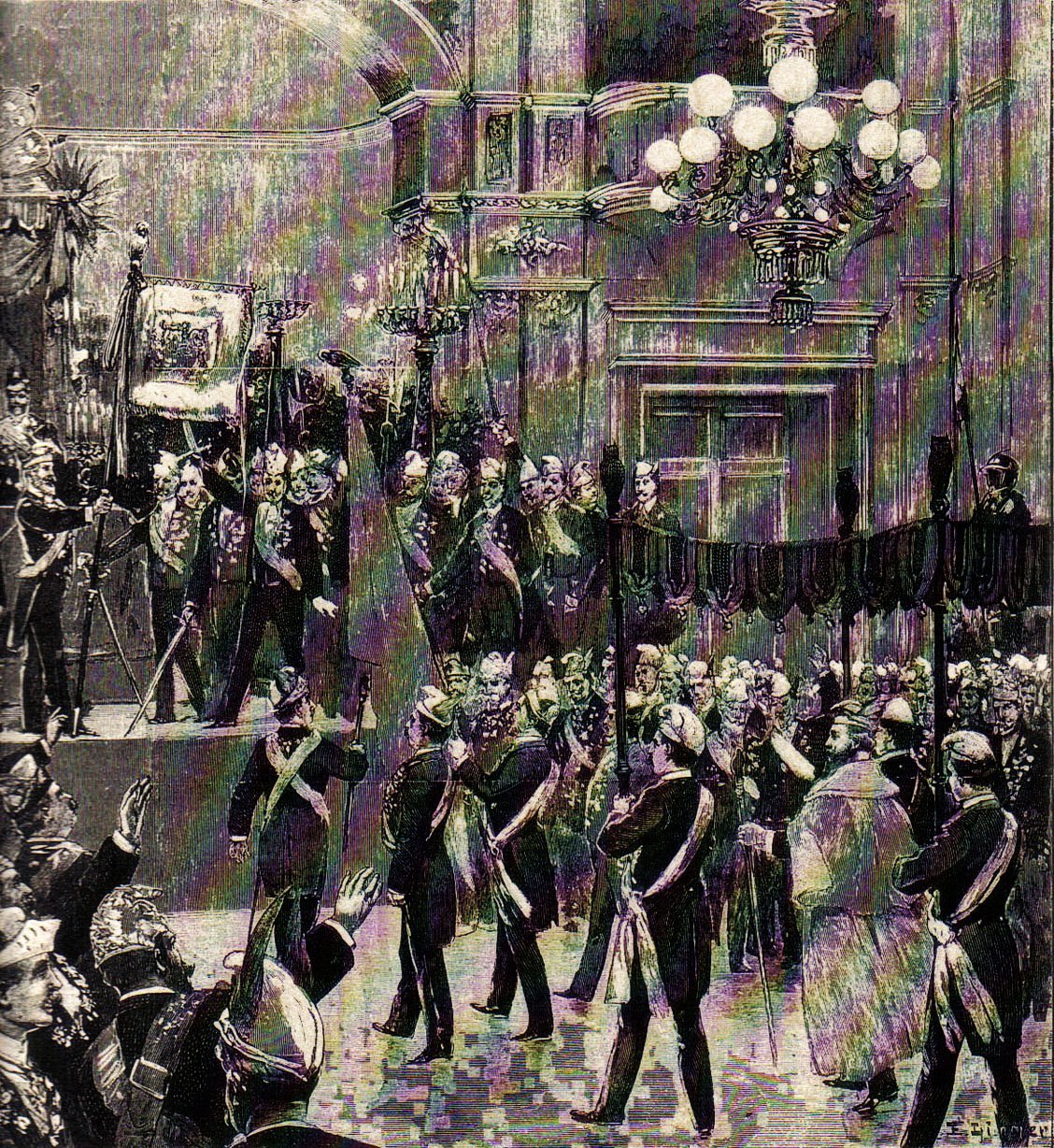 Vertreter der Allmutter Praga in der "Festsippung" im Gewerbehause in Dresden am 28. März. Originalzeichnung von E. Limmer